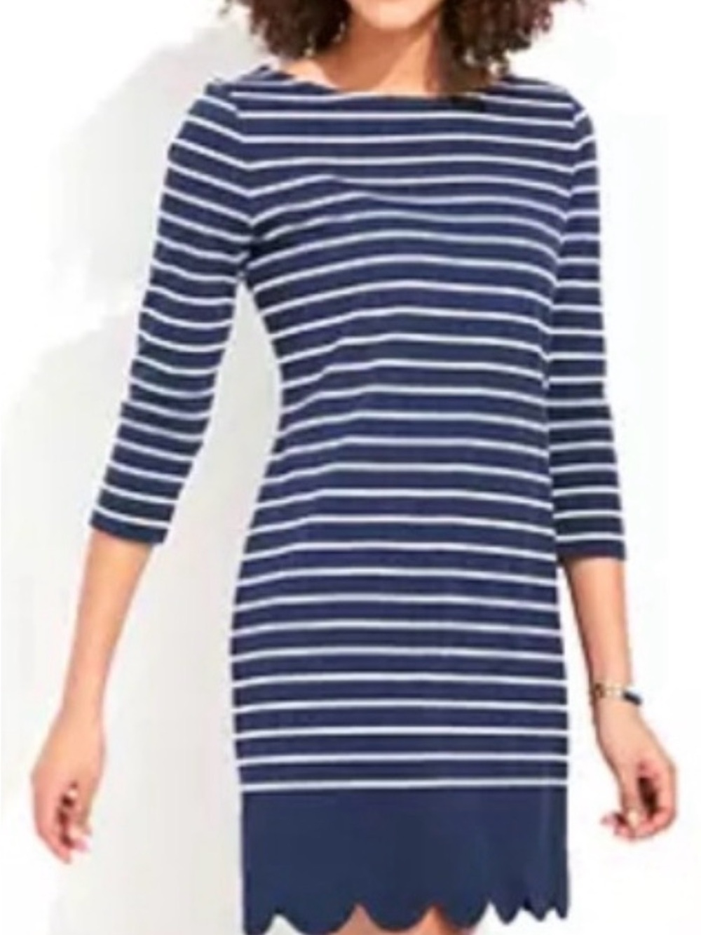 Vineyard Vines Navy and White Striped Boatneck Midi Dress with Scalloped Hem